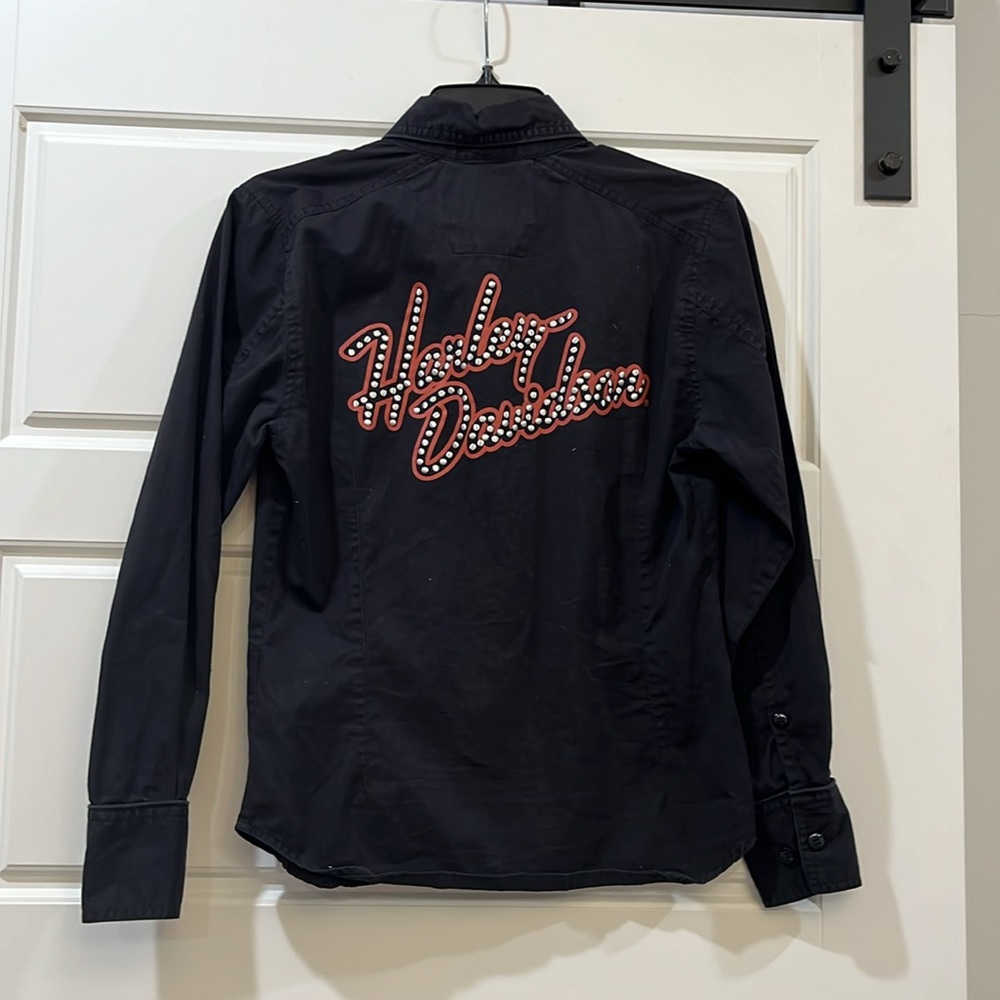 Harley-Davidson XS Woven Studded Embroidered ROXY Button Long Sleeve Black Shirt